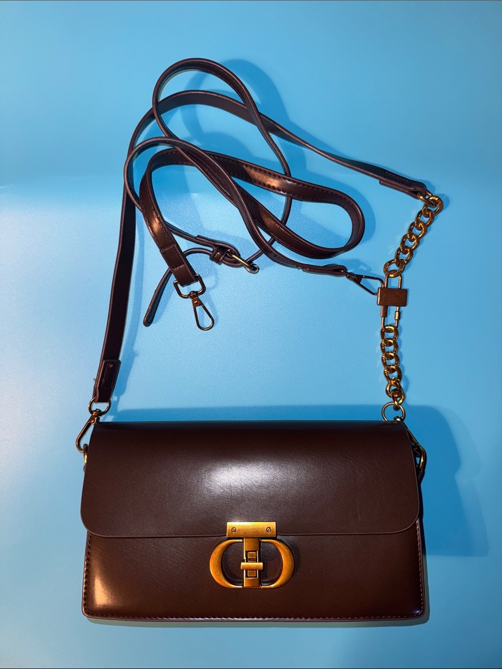 SHEIN Dark Brown Crossbody Bag with Gold Chain Accent